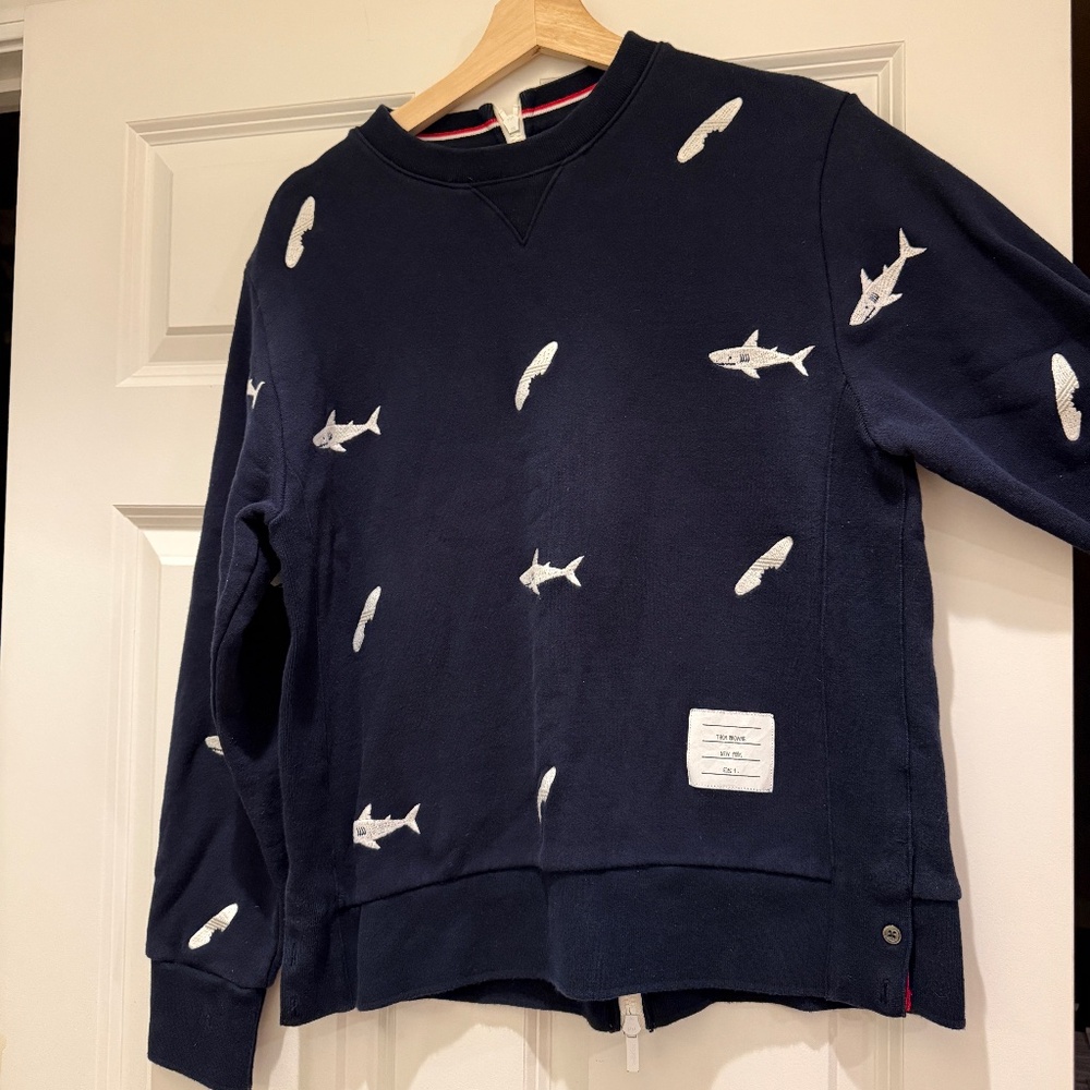 Thom Browne Embroidered Shark & Surfboard Crew Sweat Zippered Size 4